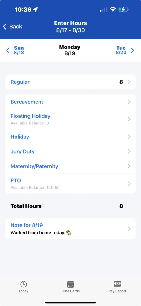 Patriot Software mobile app enter hours screenshot.